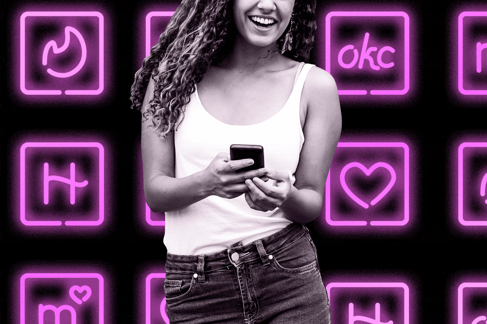 A woman smiling at her smartphones, with icons for various dating apps glowing in the background
