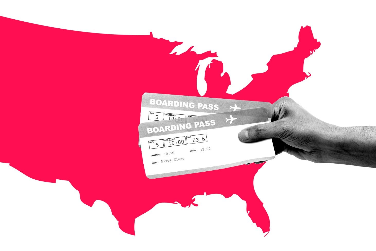 A hand with airplane tickets reaching over a silhouette of the United States.