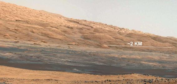 Mount Sharp in August. The lower several hundred feet show evidence of hydrated minerals. 