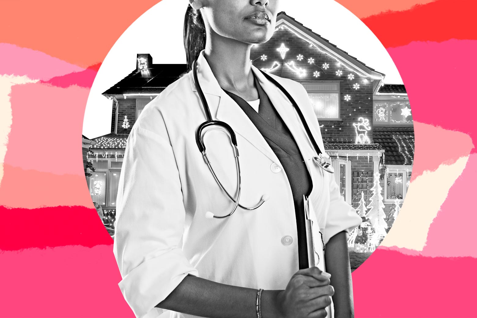Collage of a female doctor standing proudly in a lab coat, with a stethoscope around her neck and a medical chart in her hand, and a house covered in Christmas decorations in the background.