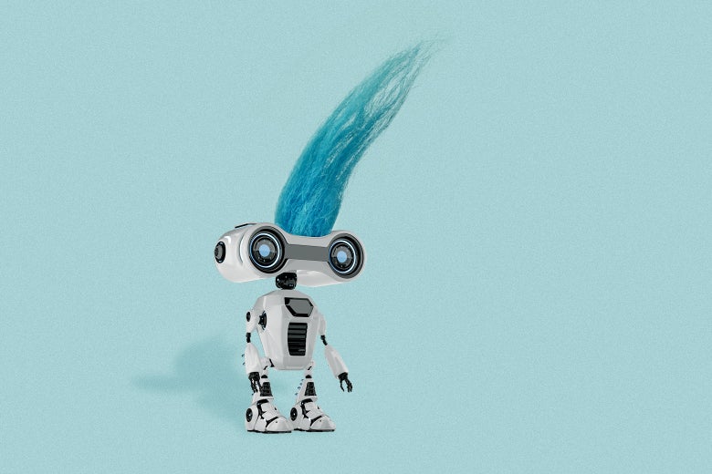 A robot with a blue streak of Troll hair coming out its head.