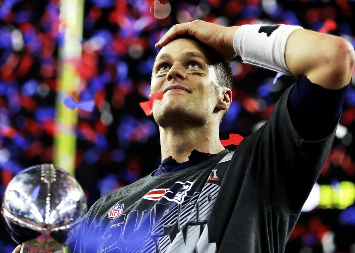 Tom Brady #12 of the New England Patriots celebrates after the Patriots celebrates after the Patriots defeat the Atlanta Falcons 34-28  during Super Bowl 51 at NRG Stadium on February 5, 2017 in Houston, Texas. 