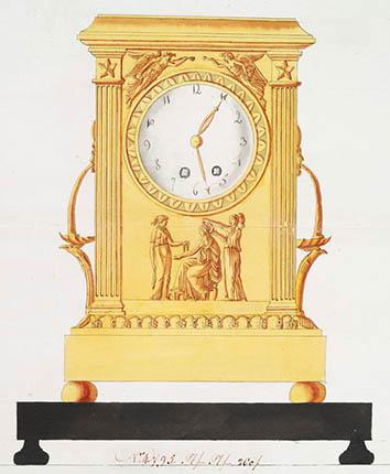 Sketch of a French Empire clock in bronze dorÃ© circa 1805.,Sketch of a French Empire clock in bronze doré circa 1805.