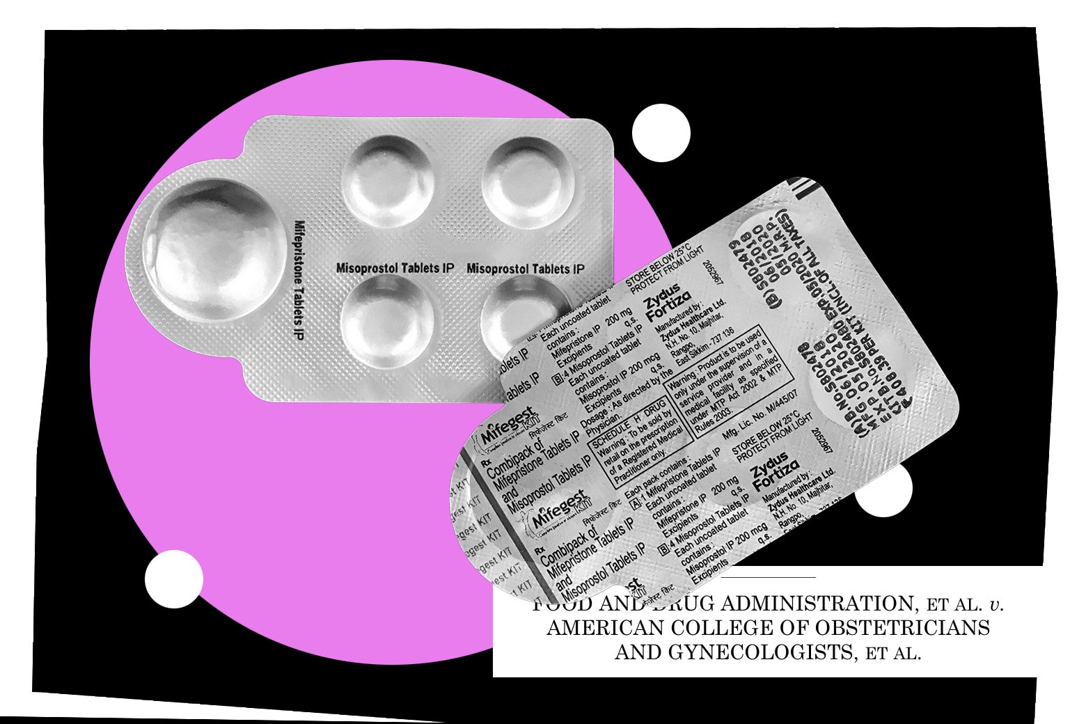 Mifepristone, over background text of the FDA v. Alliance for Hippocratic Medicine court opinion.