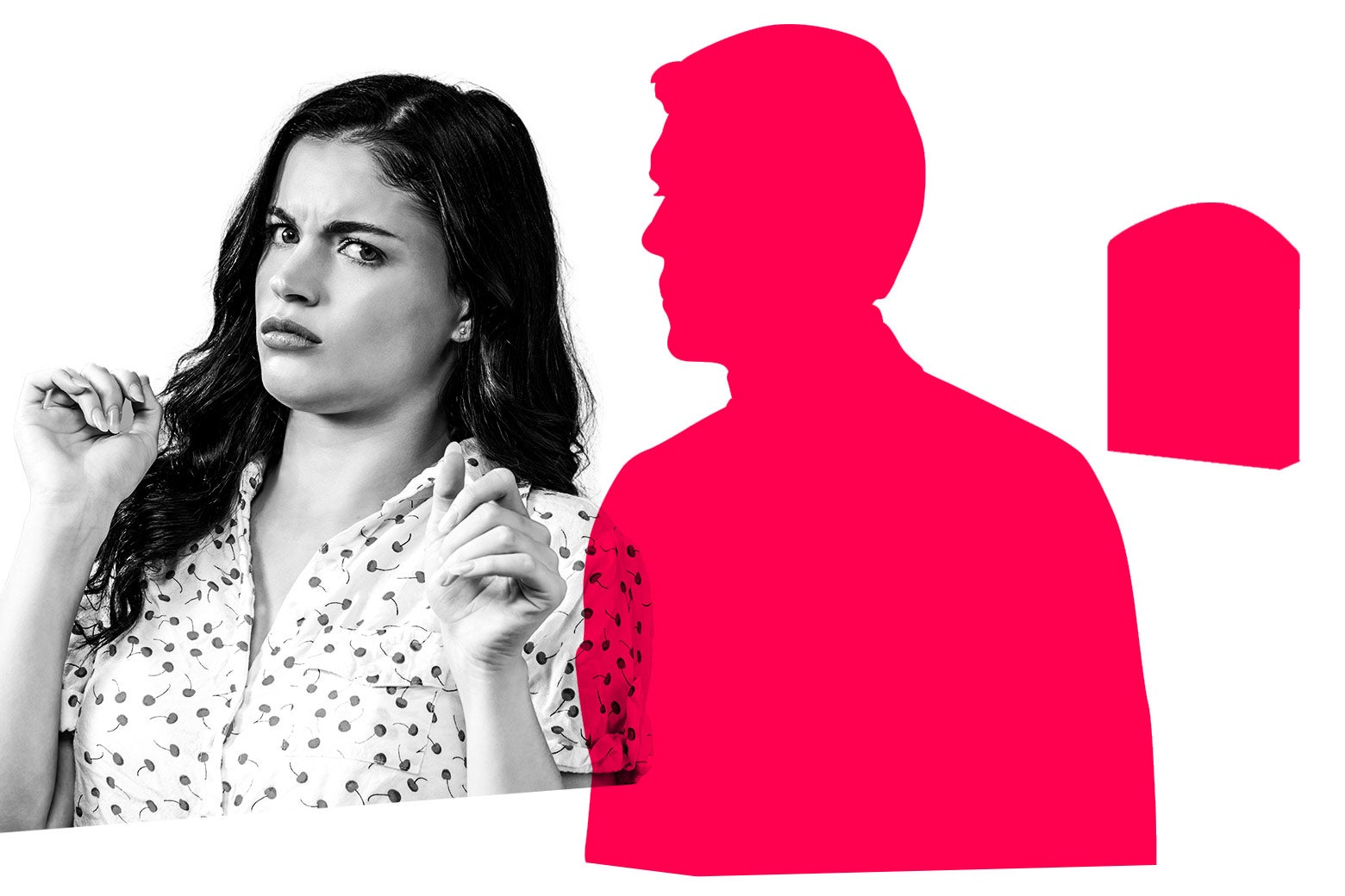 Woman recoiling with confused look on her face next to silhouettes of a man and a gravestone.