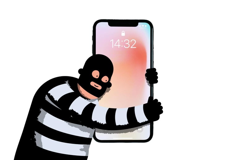 A cartoon in a black and white robber outfit and balaclava hugs a phone.