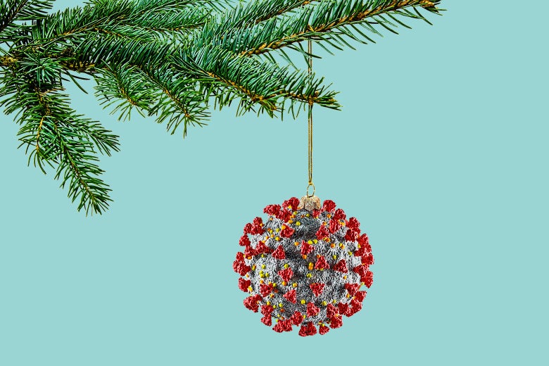 A coronavirus hanging from a Christmas tree like an ornament