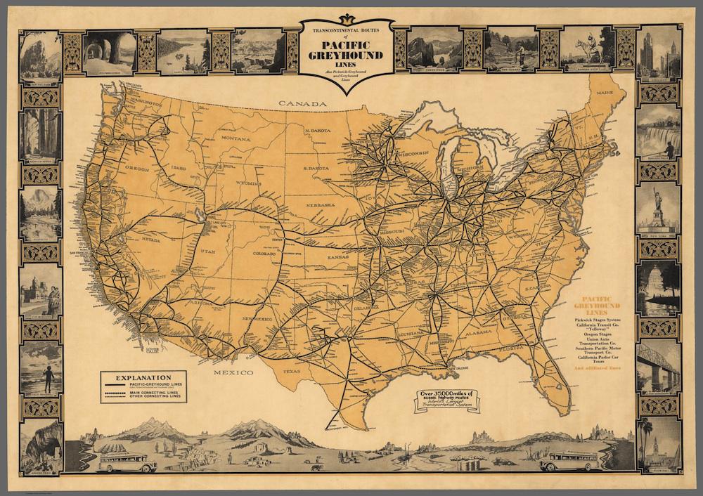 History of Greyhound: Map of Pacific Greyhound routes in 1935.