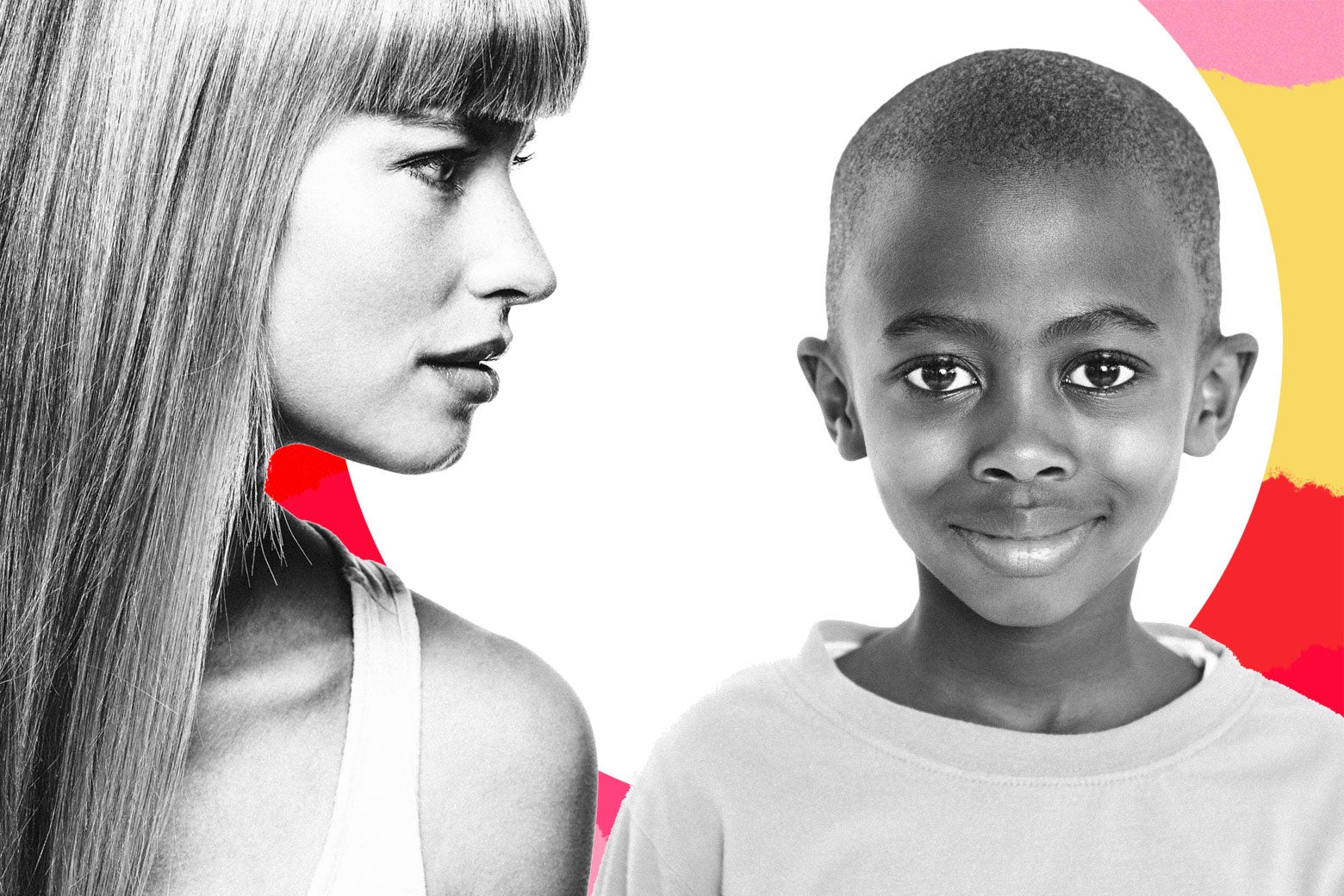 Photo illustration of a white woman and a black child.