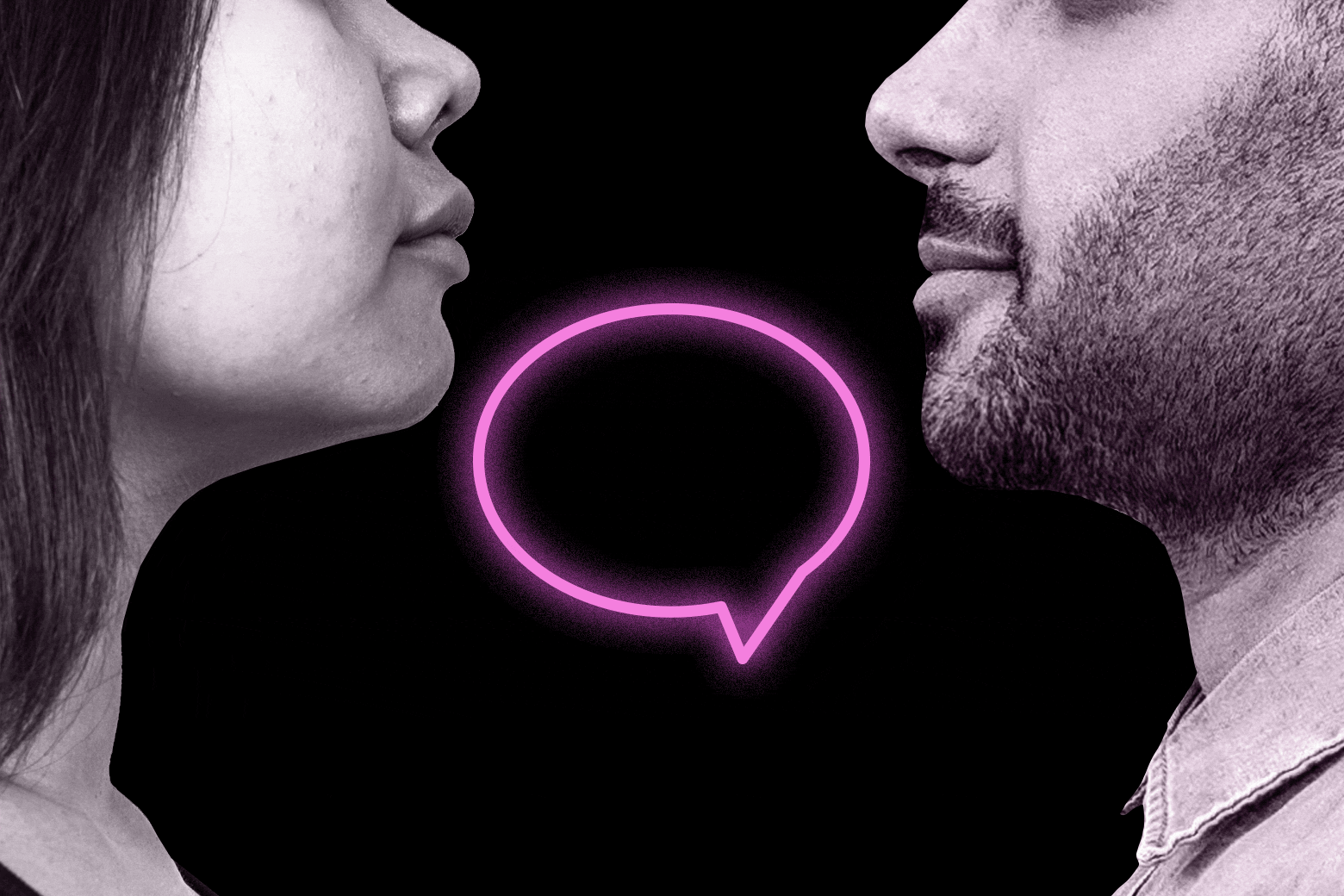 man and woman staring at each other with a conversation bubble in between them