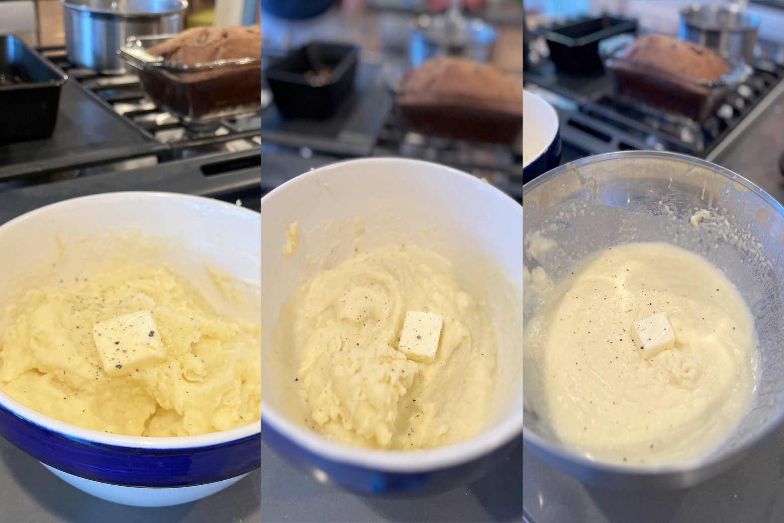 Three bowls of mashed potatoes, graded from yellowish to whiter to whitest. There is a piece of butter on each one.