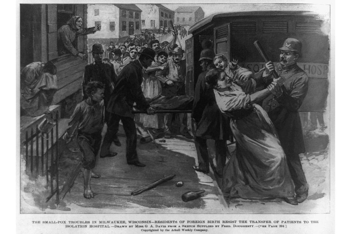 A historic sketch of a woman resisting police trying to take her to be quarantined.