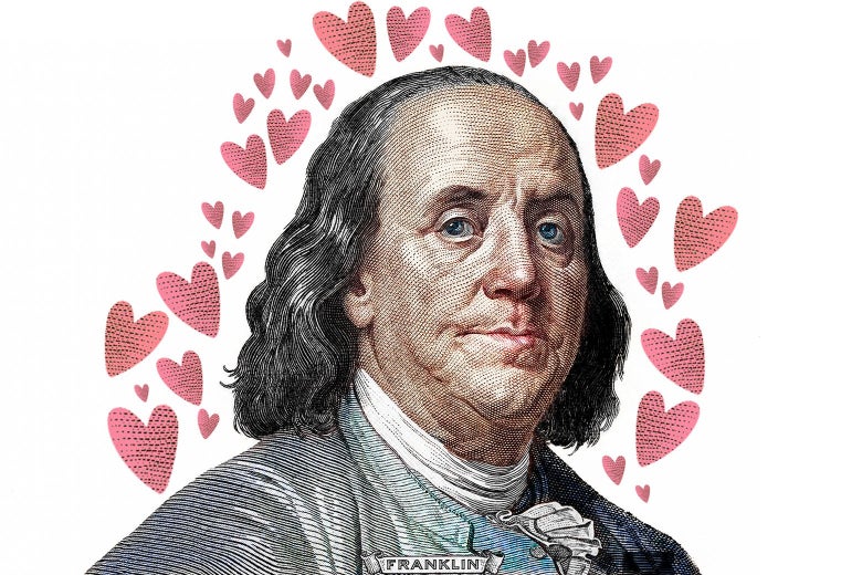 Engraving of Benjamin Franklin with hearts around his head