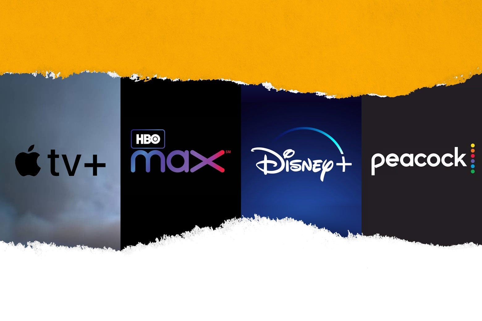 The logos for Apple TV+, HBO Max, Disney+, and Peacock.