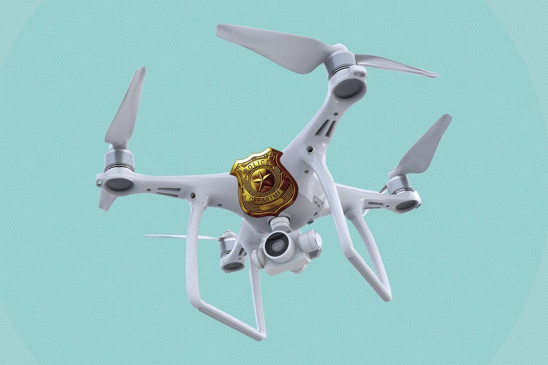 A drone with a police badge on it.