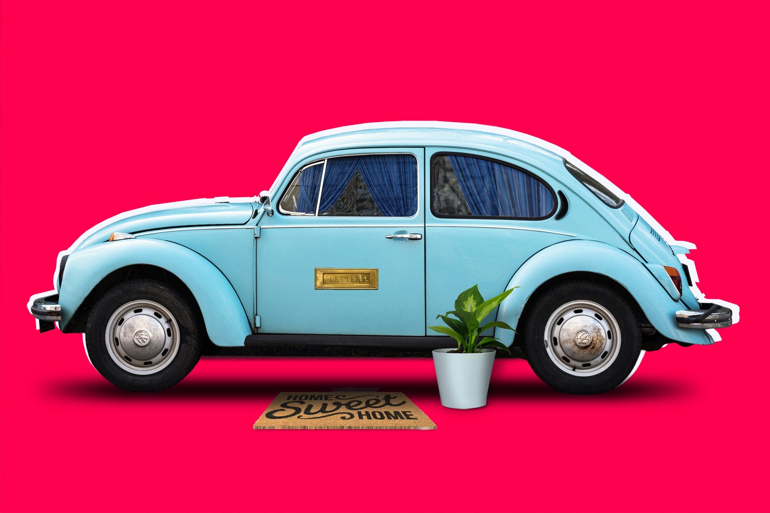A sky-blue Volkswagen Beetle decked out like a cozy home, with curtains, a house plant, a mail slot, and a welcome mat.