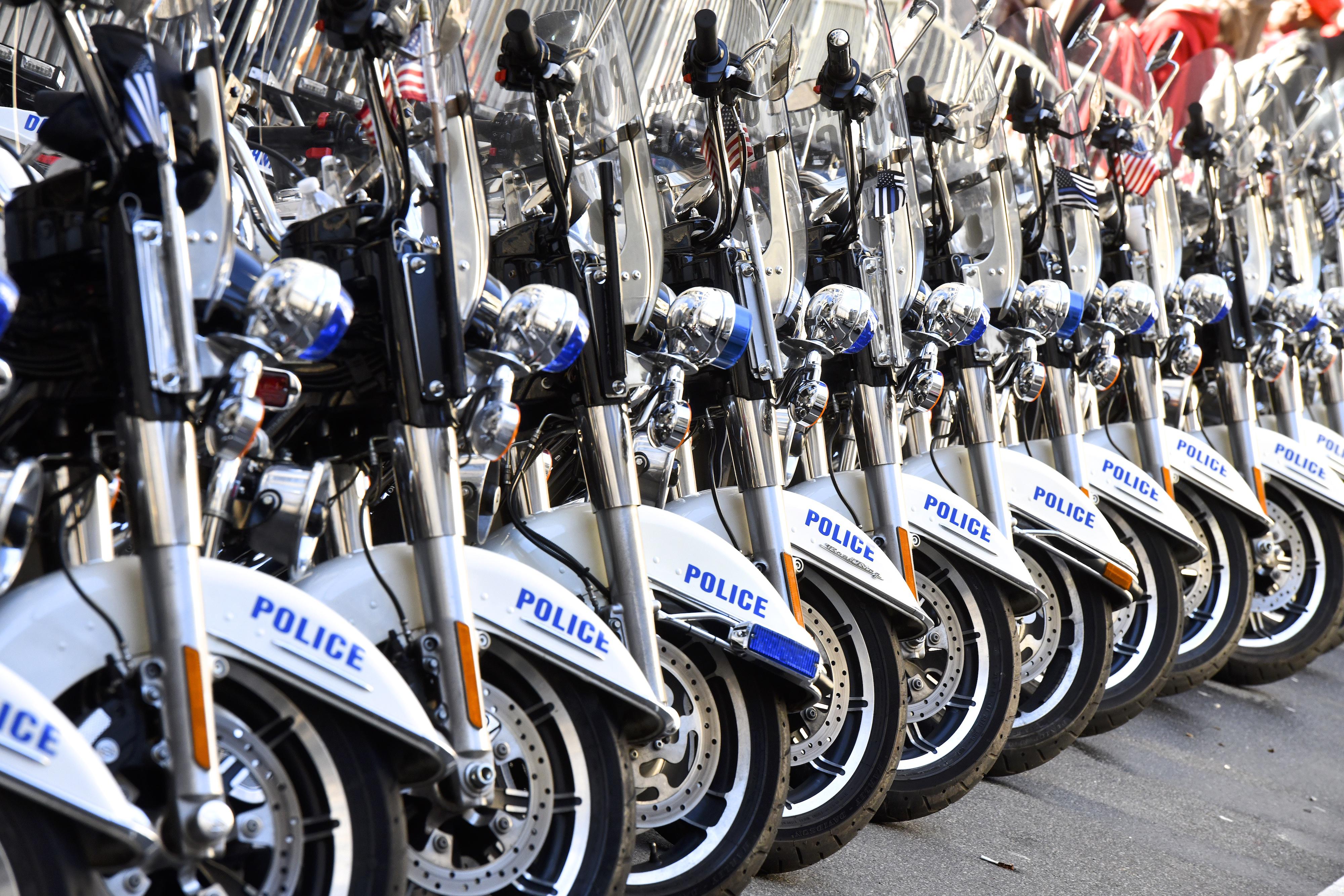 Philadelphia Police motorcycles form a line in a parade on Jan. 1, 2019 in Philadelphia, Pennsylvania. 