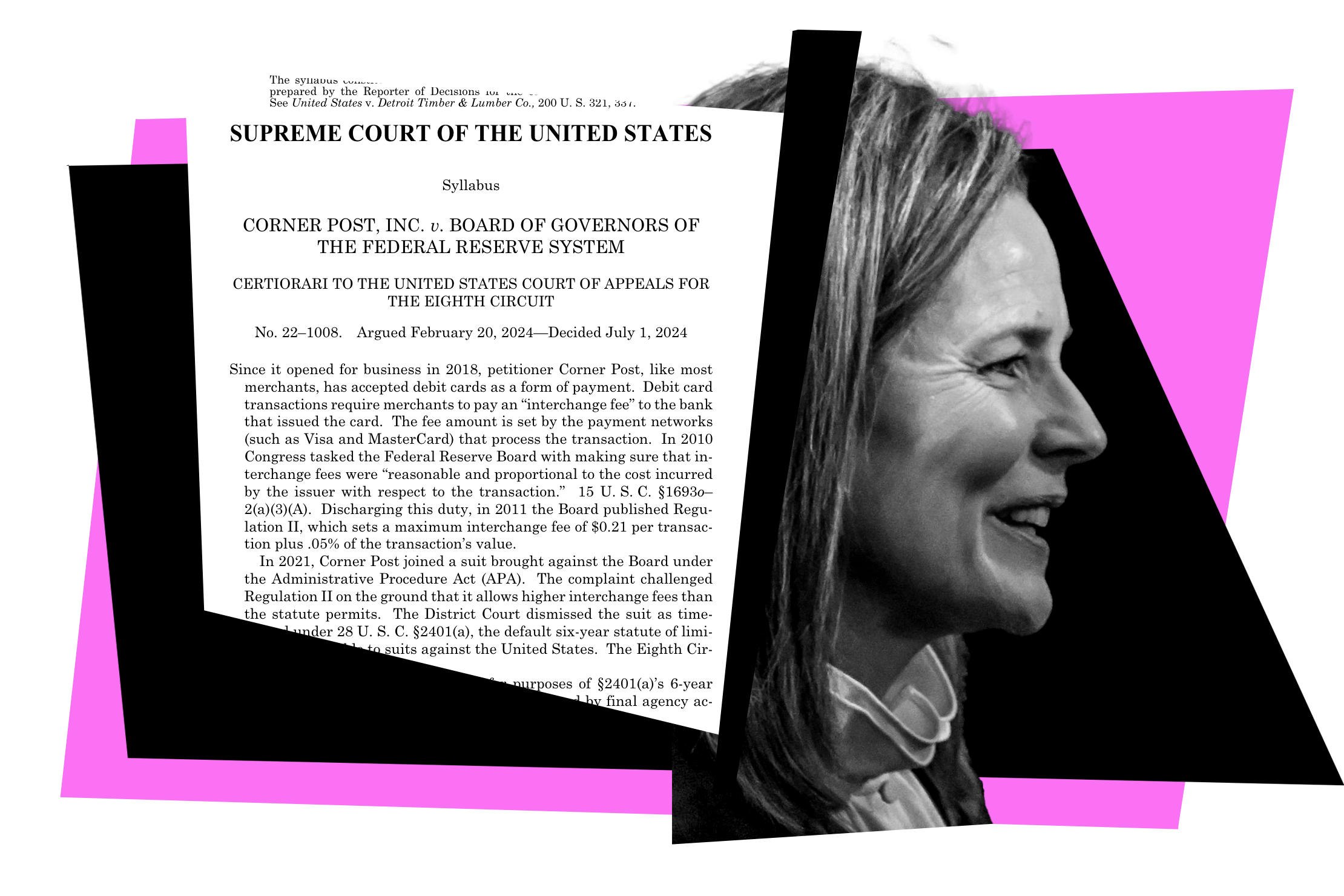 The text of Corner post, Amy Coney Barrett turned away from it smiling.