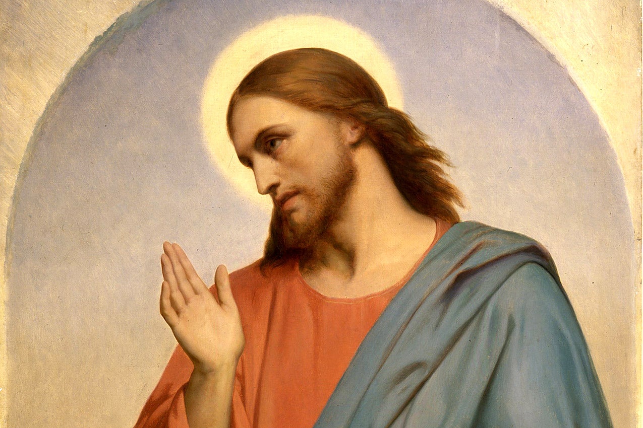 A depiction of Jesus Christ with his right hand up.