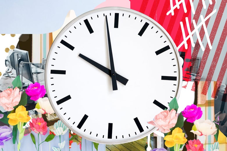 A collage with the main focus being a clock.