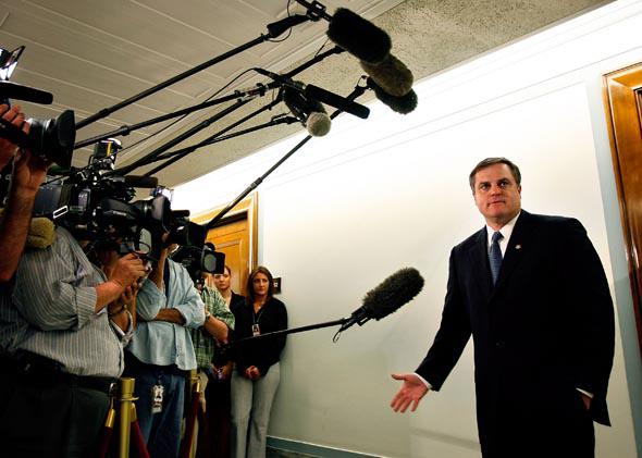 U.S. Sen. Mark Pryor (D-AK) (R) talks with the news media after a meeting with U.S. Attorney General Alberto Gonzales at his office on Capitol Hill April 25, 2007 in Washington, DC.