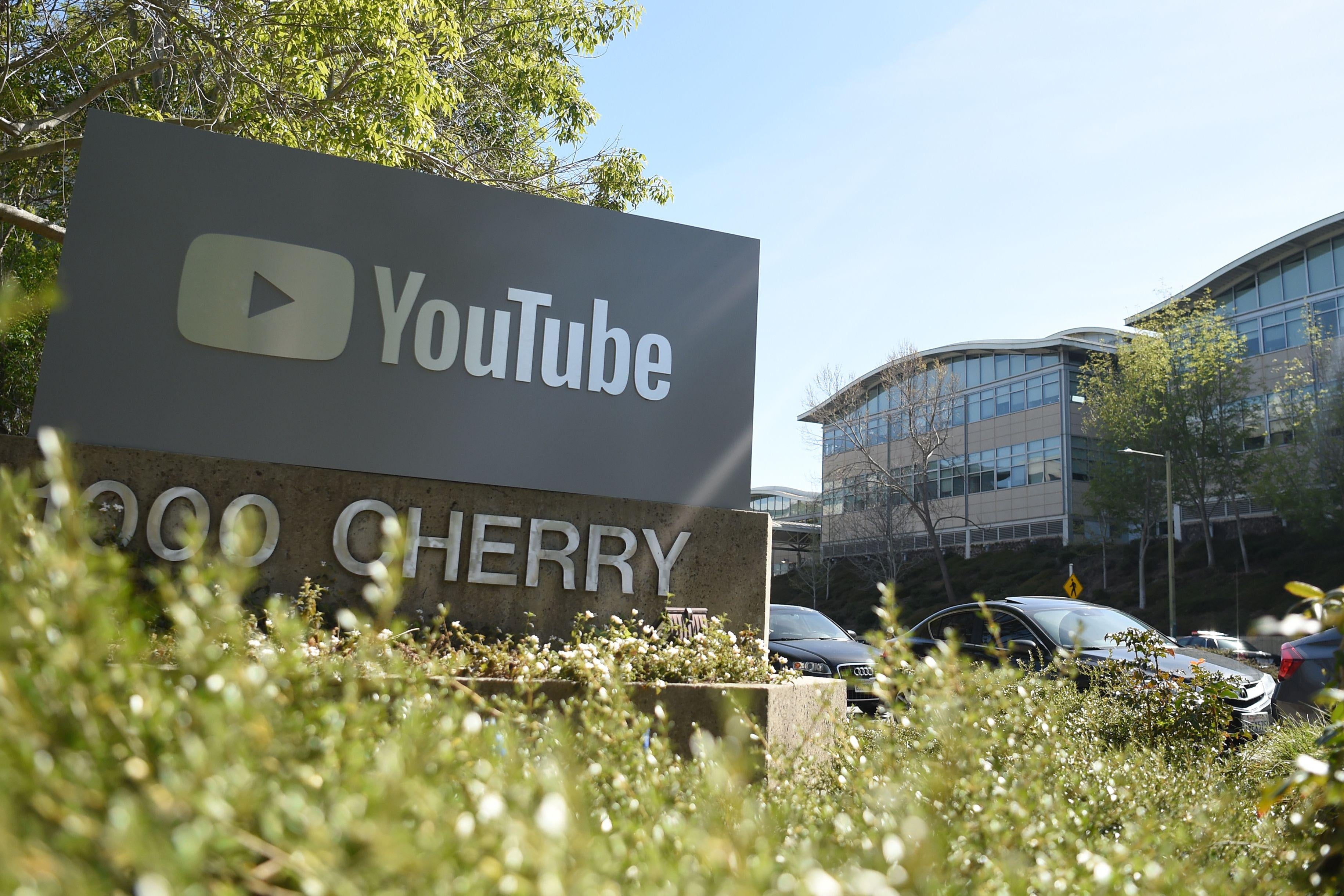 A YouTube sign is seen at YouTube's corporate headquarters during an active shooter situation in San Bruno, California on April 03, 2018.                      
Gunshots erupted at YouTube's offices in California Tuesday, sparking a panicked escape by employees and a massive police response, before the shooter -- a woman -- apparently committed suicide.Police said three people had been hospitalized with gunshot injuries following the shooting in the city of San Bruno, and that a female suspect was found dead at the scene. 'We have one subject who is deceased inside the building with a self-inflicted wound,' San Bruno Police Chief Ed Barberini told reporters. 'At this time, we believe it to be the shooter.'
 / AFP PHOTO / JOSH EDELSON        (Photo credit should read JOSH EDELSON/AFP/Getty Images)