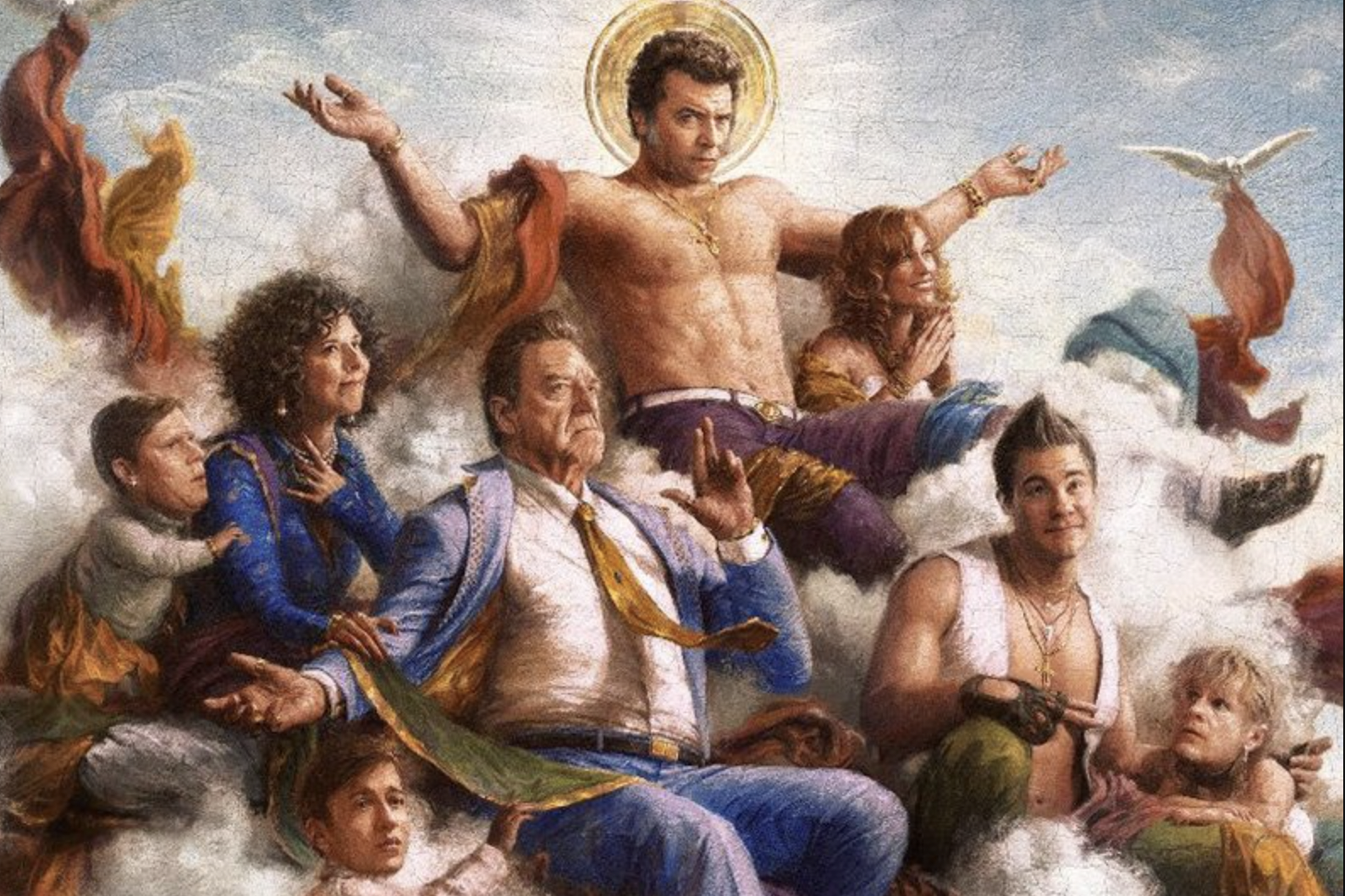 An illustration of several people imitating Christian imagery.