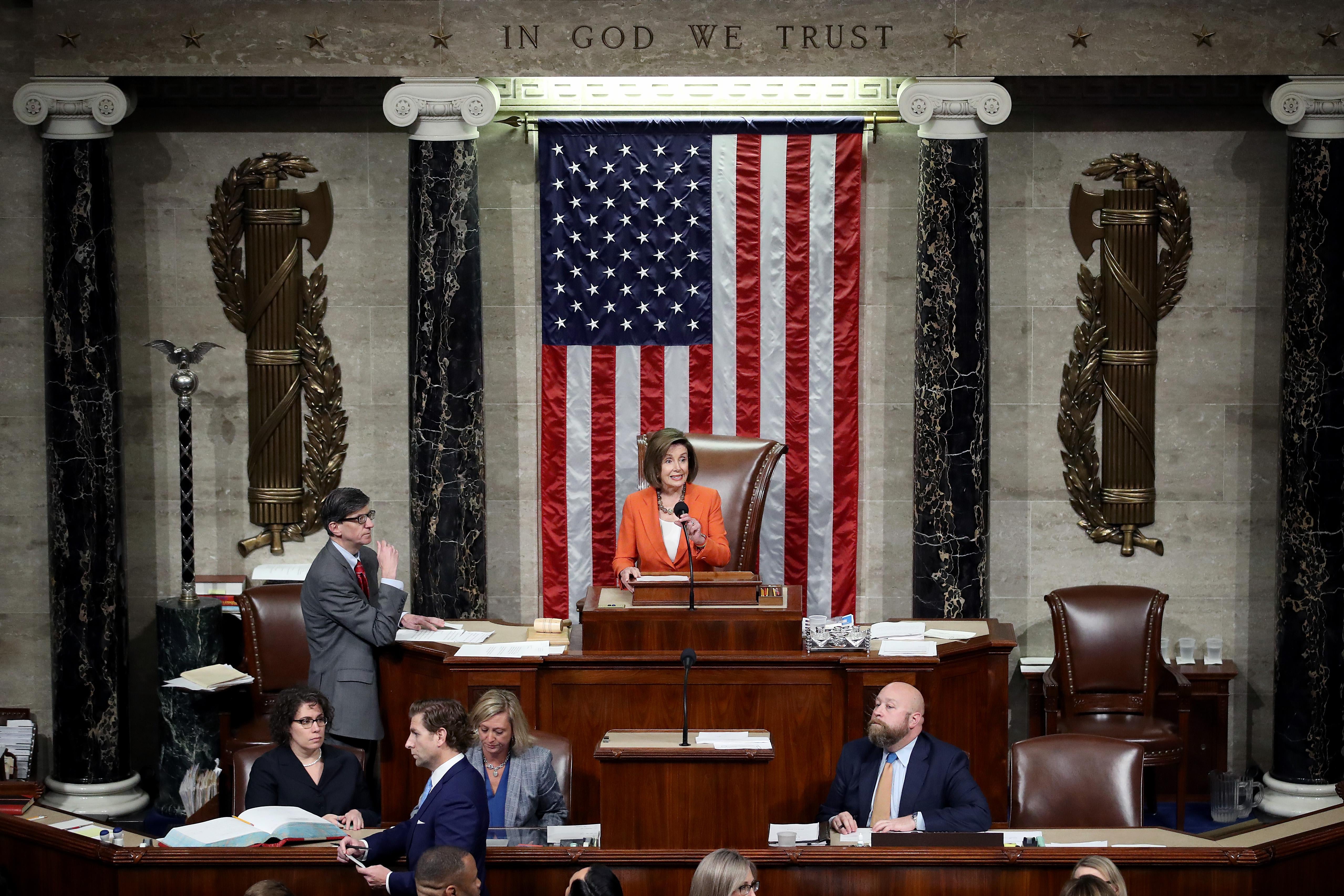 Speaker of the House Nancy Pelosi presides over a vote by the U.S. House of Representatives on a resolution formalizing the impeachment inquiry into President Donald Trump on October 31, 2019 in Washington, DC. 