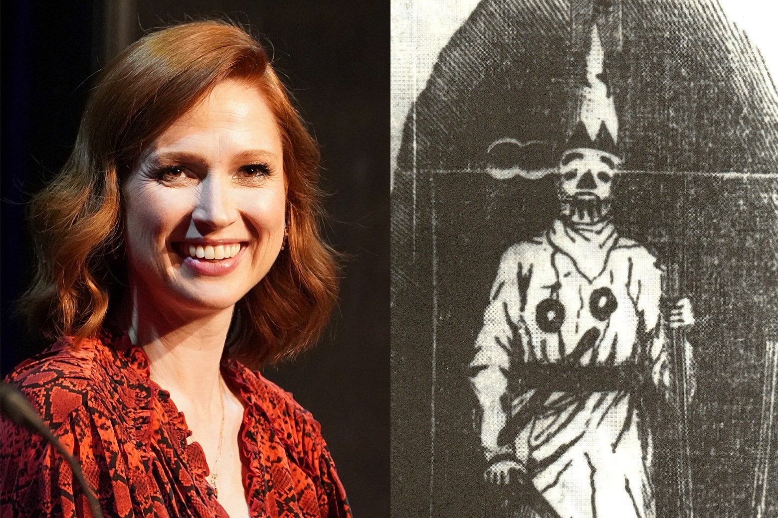 Diptych of a photo of Kemper smiling and a woodblock drawing of a man in white robes with a pointy cap and a gun