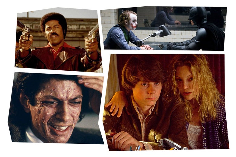 In the top left, from Black Dynamite: a Black man in an afro points two guns in front of him; in the top right, from The Dark Knight: Heath Ledger in clown makeup sits across a table from Christian Bale dressed in technical wear as the hero Batman interrogating him; in the bottom left, from The Fly: Jeff Goldblum holds his hands to his head with his eyes squinted as his face is peeling; in the bottom right, from Almost Famous: Kate Hudson leans in and speaks into Patrick Fugit's ear with her arm around around his shoulders as he looks straight ahead.