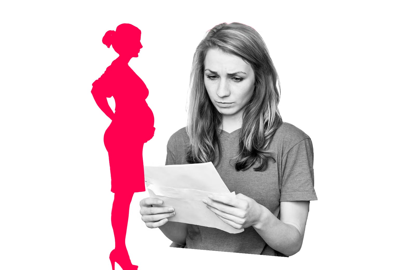 Woman reading list next to a pink silhouette of a pregnant woman. 