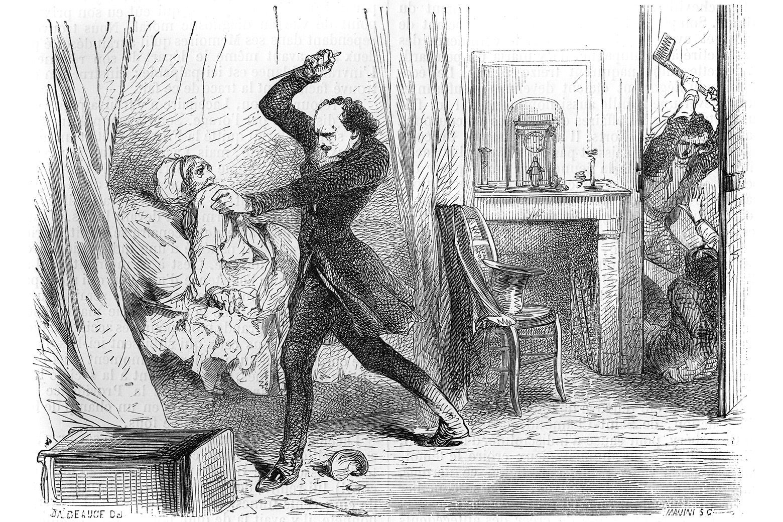 19th century drawing of a gentleman stabbing an old woman in bed as another man brings an ax down on a victim in the doorway