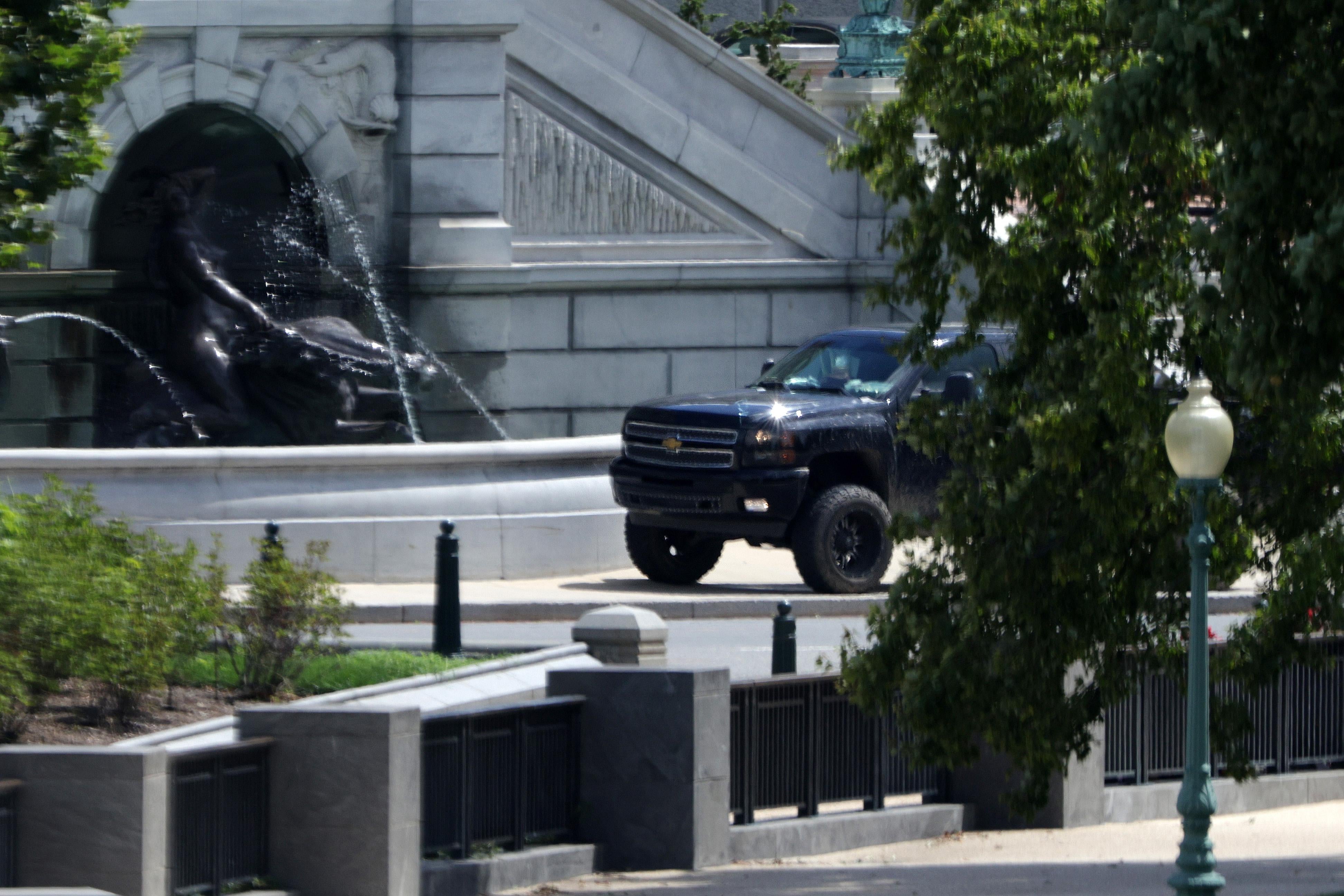A pickup truck sits outside the Library of Congress.