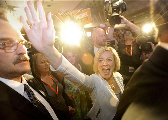 Alberta NDP leader Rachel Notley reacts to election results in Edmonton May 5, 2015.