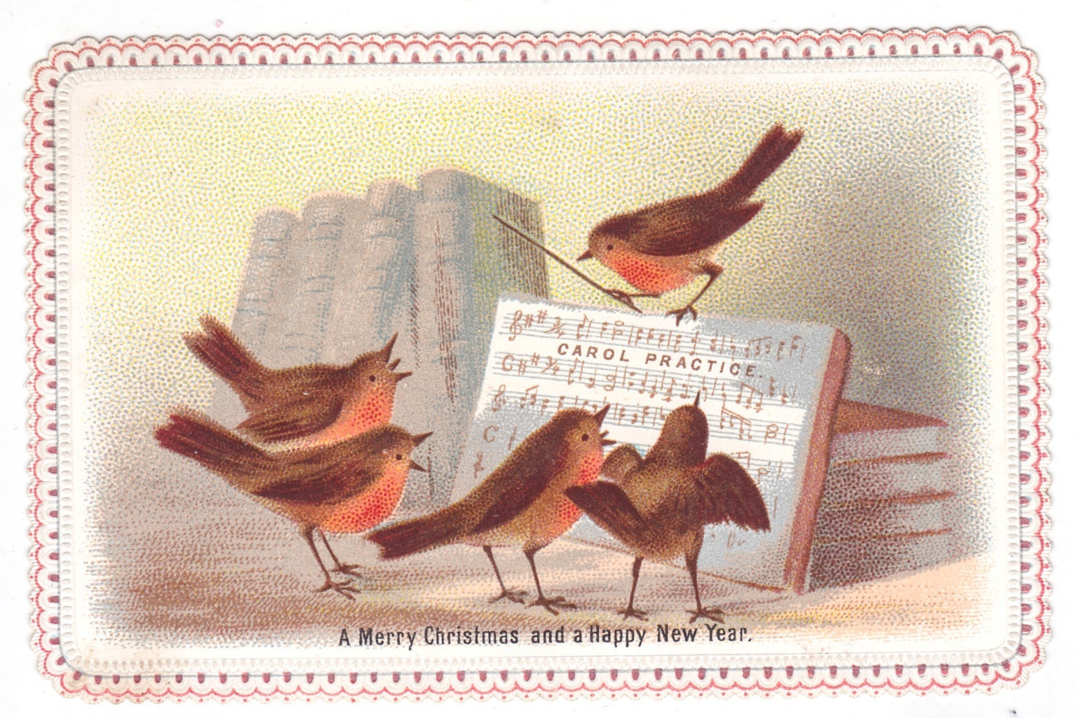 Illustration of a bird perched on sheet music conducting four other birds