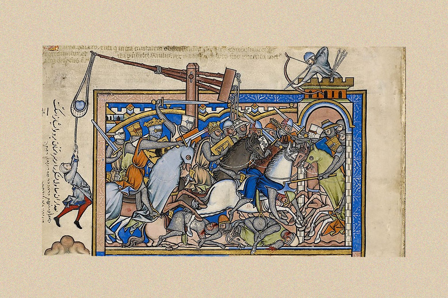 An old-fashioned illustration depicting a chaotic battle scene with archers and a trebuchet and soldiers on horseback.