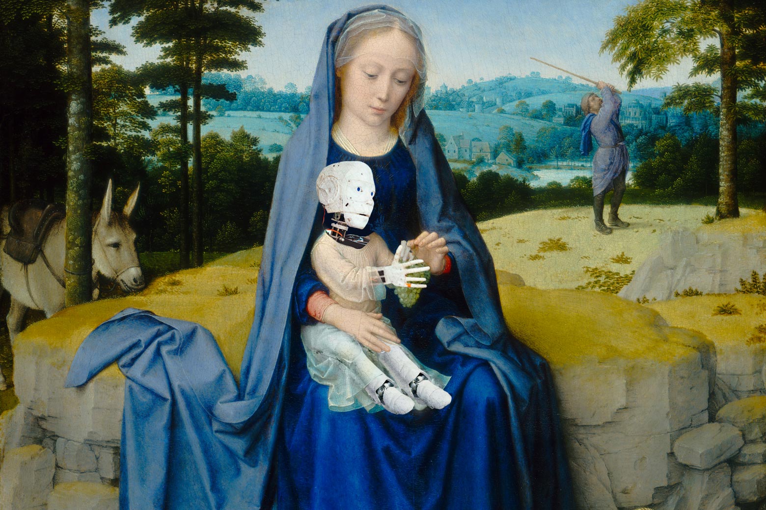 Photo collage of Mary holding a baby robot Jesus. 