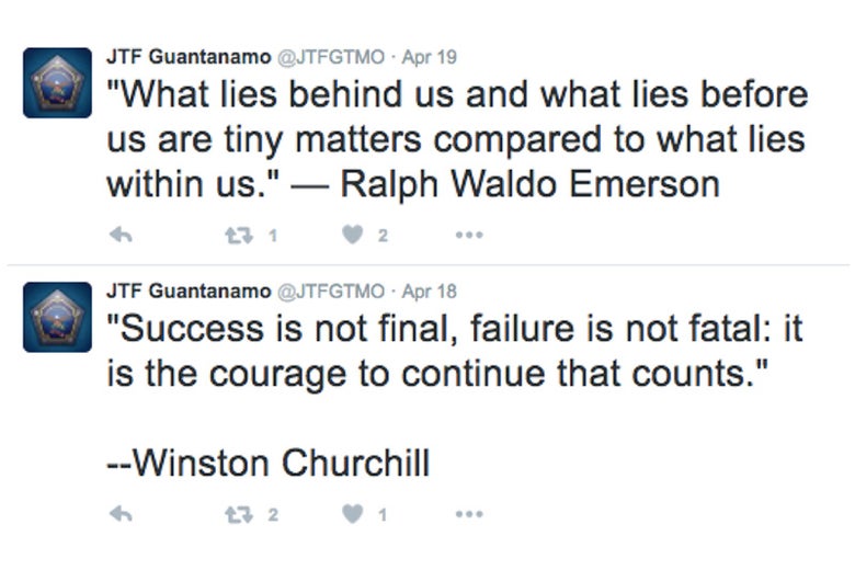 Screenshot: two tweets from the @JTFGTMO account. One is a Ralph Waldo Emerson quote: "What lies behind us and what lies before us are tiny matters compared to what lies within us." The second is a Winston Churchill quote: "Success is not final, failure is not fatal: it is the courage to continue that counts."