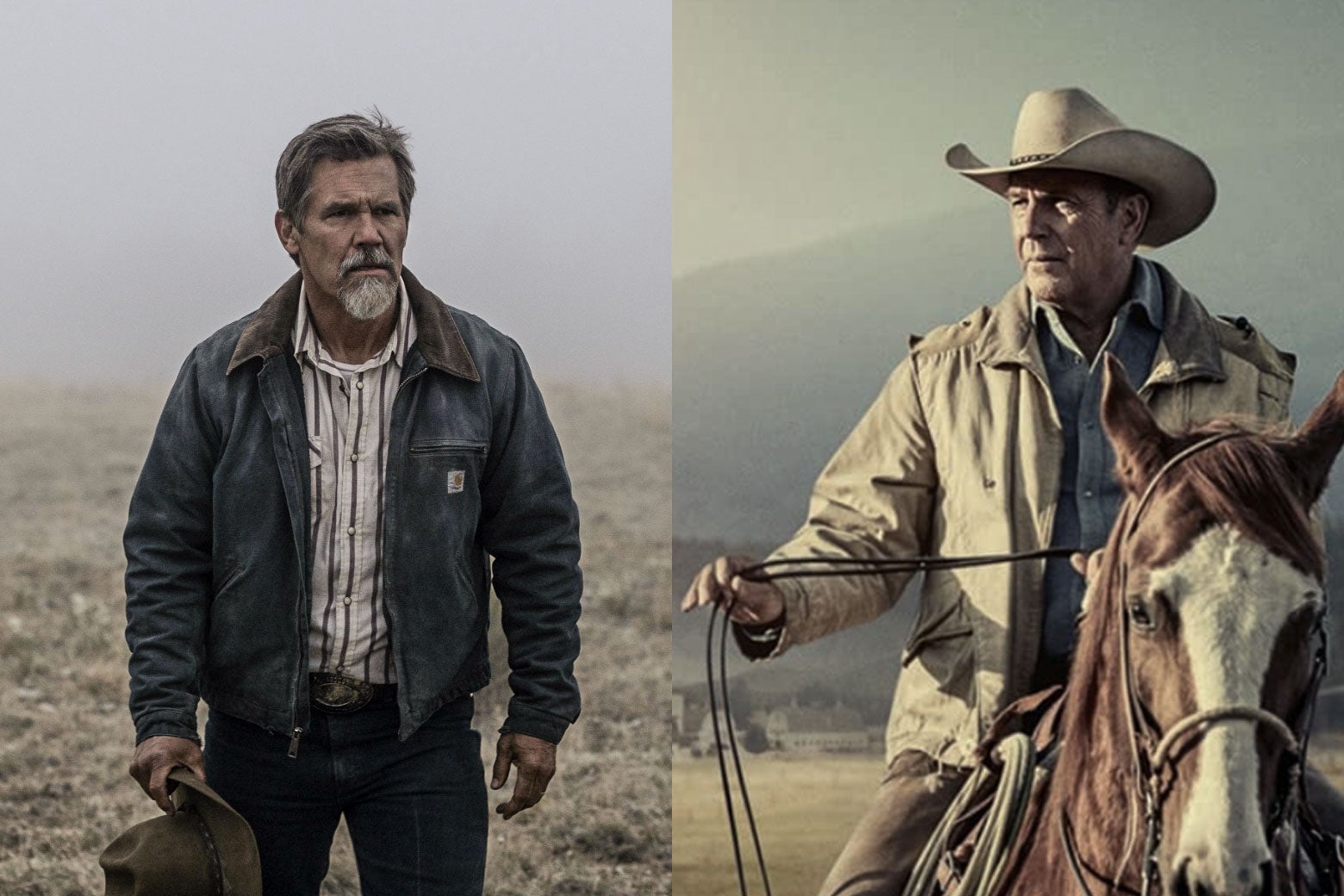 Side by side photos of Josh Brolin standing in a field holding a hat by his side and Kevin Costner in a cowboy hat sitting horseback