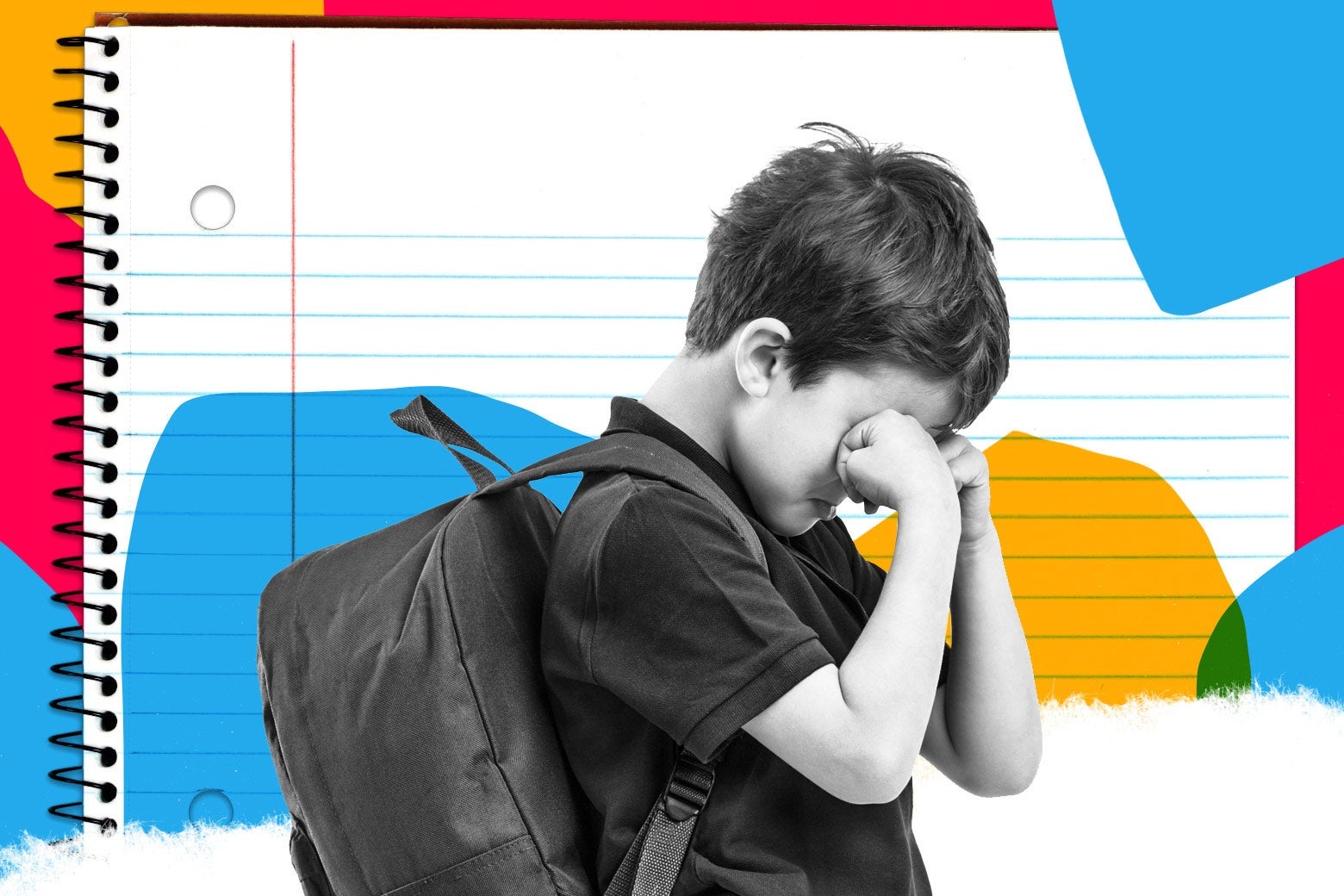 Photo illustration of a young boy crying into his hands while wearing a backpack.