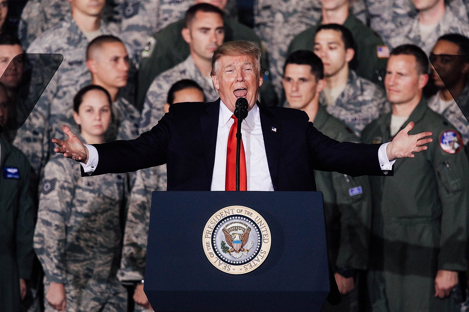 U.S. President Donald Trump speaks to Air Force personnel on Sept. 15, 2017 at Joint Base Andrews in Maryland.
