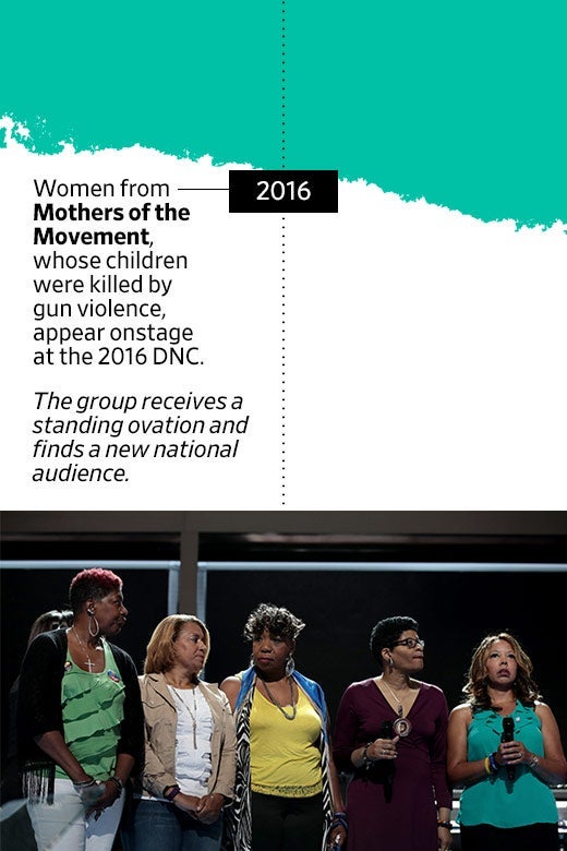 2016: Women from Mothers of the Movement, whose children were killed by gun violence, appear onstage at the 2016 DNC. The group receives a standing ovation and finds a new national audience.