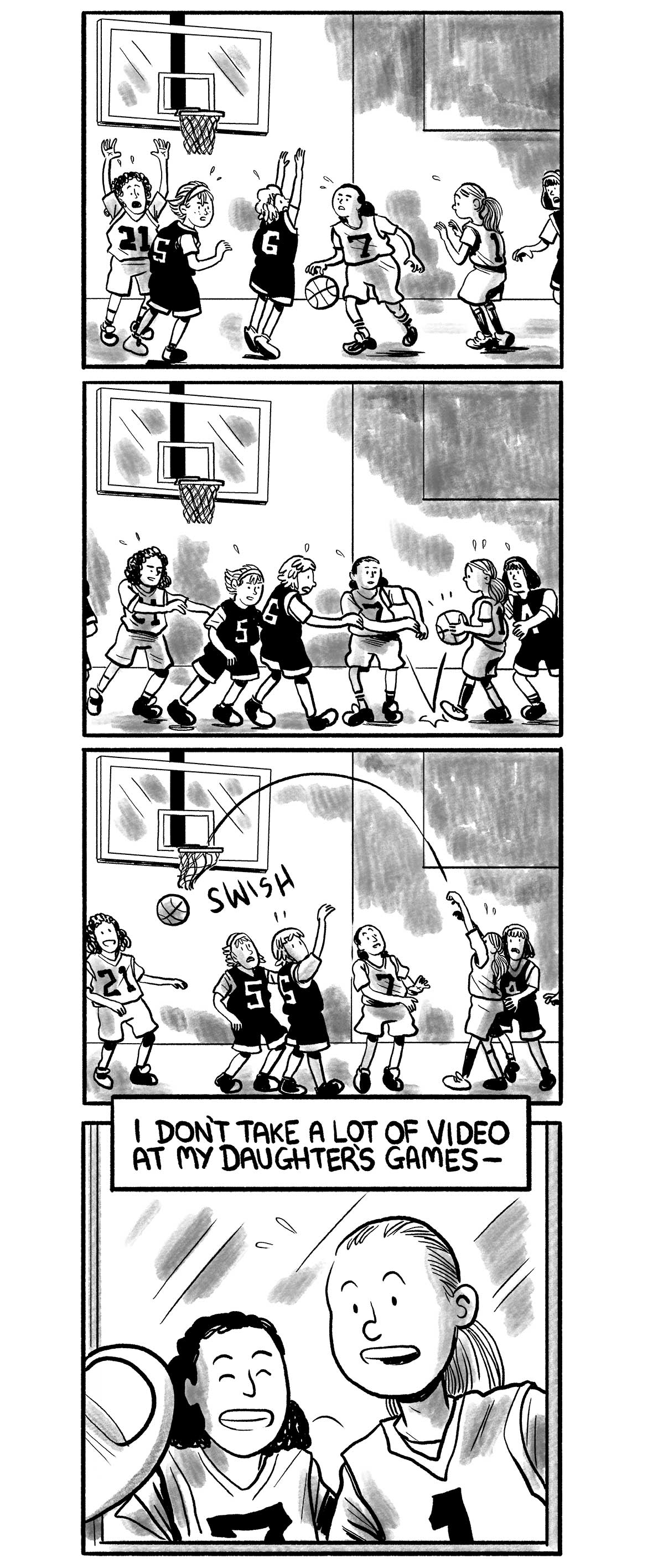 A kid's basketball game, No. 7 dribbles under heavy pressure from the opposing team. She passes the ball to No. 1. No. 1 takes a shot, it’s a swish.  The narrator says: “I don’t take a lot of video at my daughter’s games -”  The narrator’s mobile phone displays a still frame of his daughter smiling.