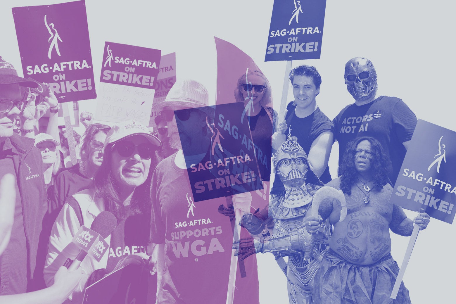 A collage of both regular people and characters in costumes and masks on the picket line holding protest signs. 