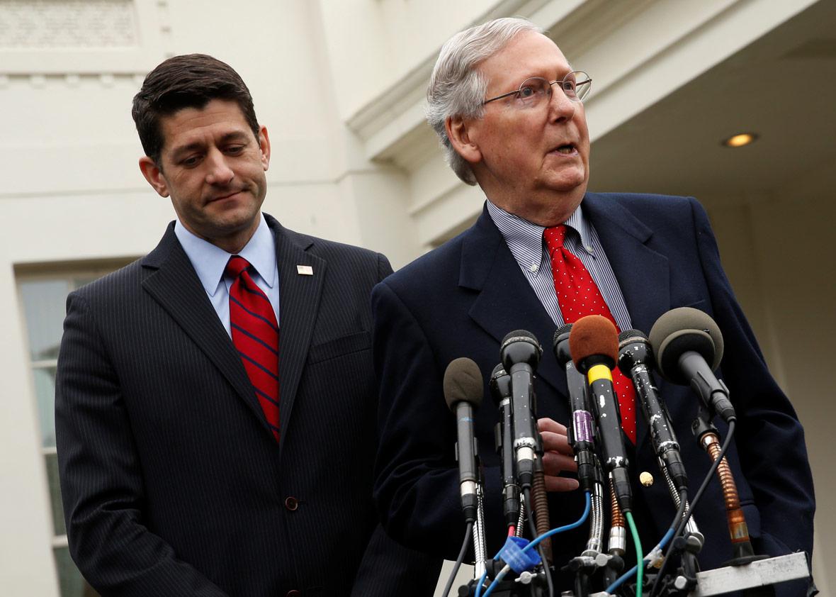 U.S. House Speaker Paul Ryan (R-WI) (L) and Senate Majority Leader Mitch McConnell (R-KY) 