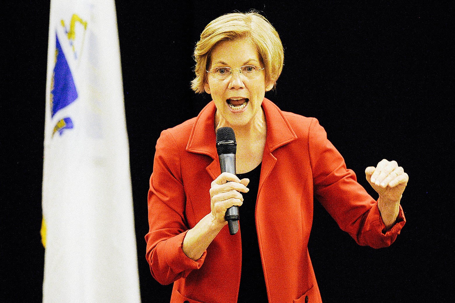 Elizabeth Warren speaks into a microphone.