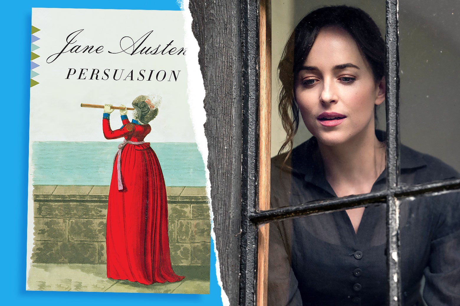 A side-by-side with a tear down the middle. On the left, the book jacket for Jane Austen's persuasion shows a lady raising a telescope to look out to the sea. On the right, Dakota Johnson looks eagerly out a window.