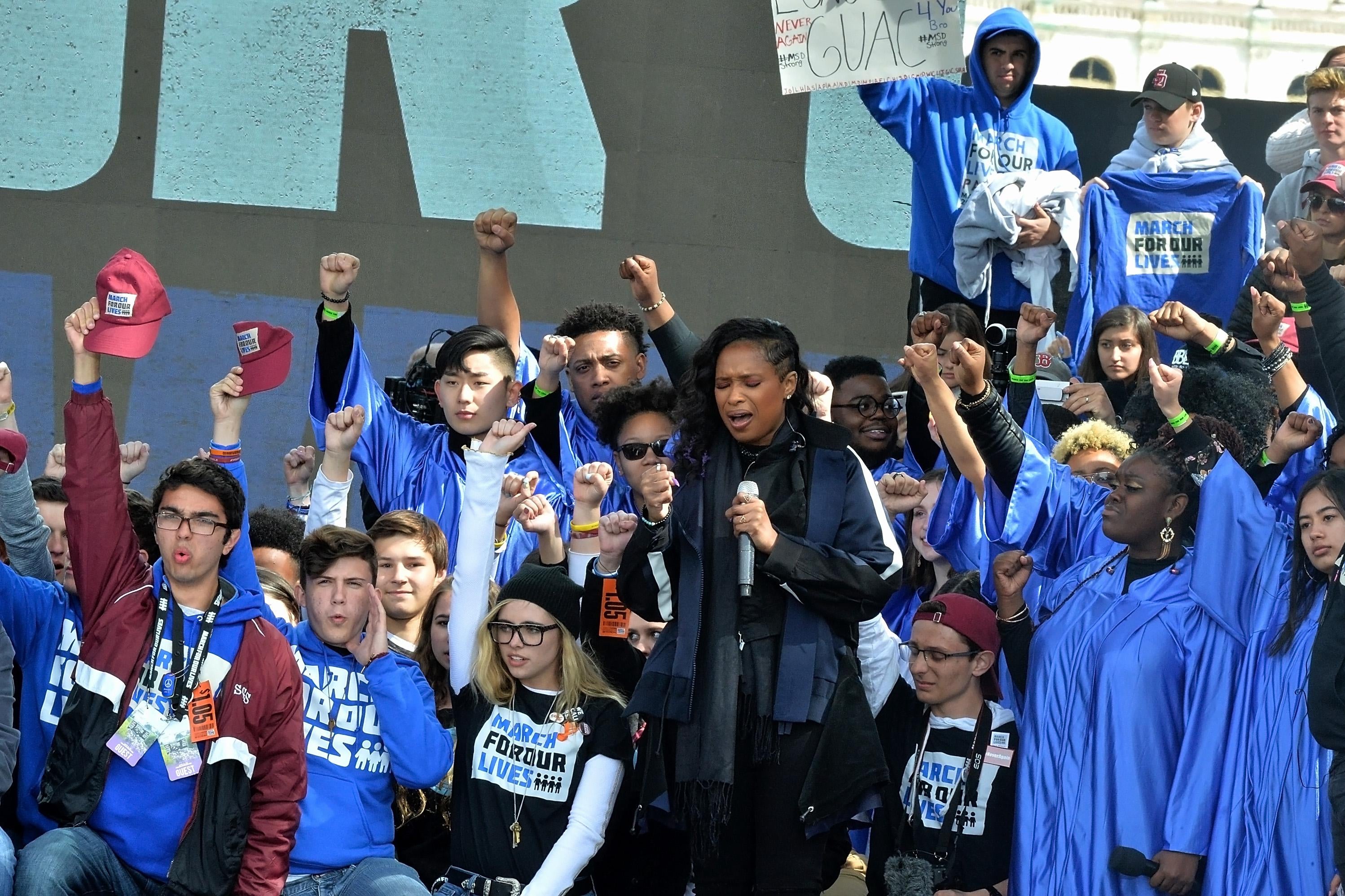 WASHINGTON, DC - MARCH 24:  Jennifer Hudson sings at the March for Our Lives Rally on March 24, 2018 in Washington, DC.  (Photo by Shannon Finney/Getty Images)