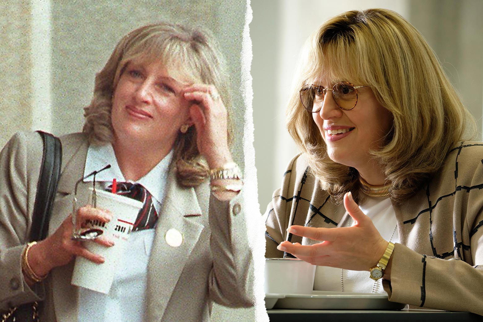Side-by-side photos of Tripp walking with a takeout cup and Paulson sitting at a table gesturing as she talks