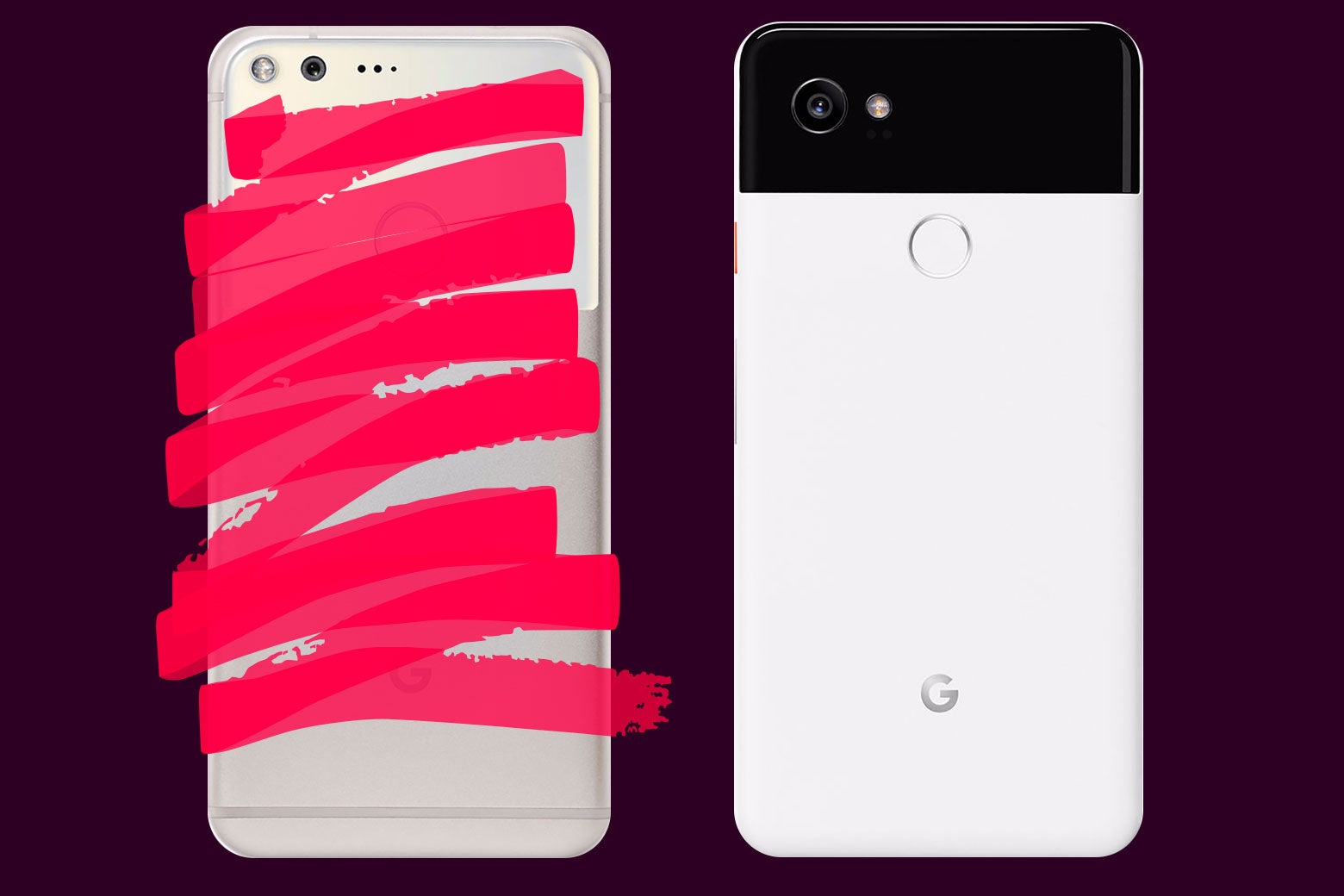 Photo illustration: a Pixel phone that is crossed-out and a Pixel 2 phone.